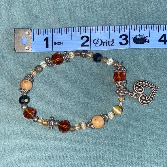 Amber Crystal Silver Wood Beads Bracelet with Heart Charm - Picture 5 of 6